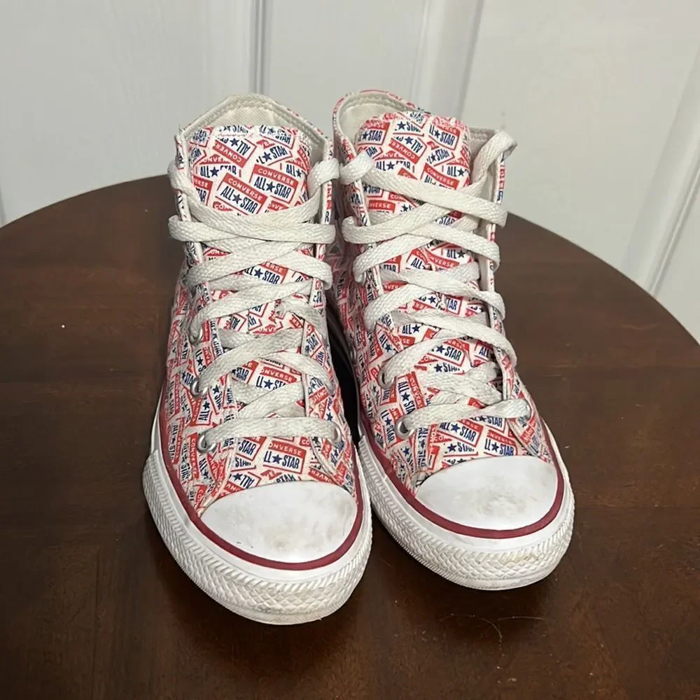 🔥🔥 CONVERSE‎ Hi-Tops Red White Blue All Over Print - Big KIDS Sz 1 - PERFECT